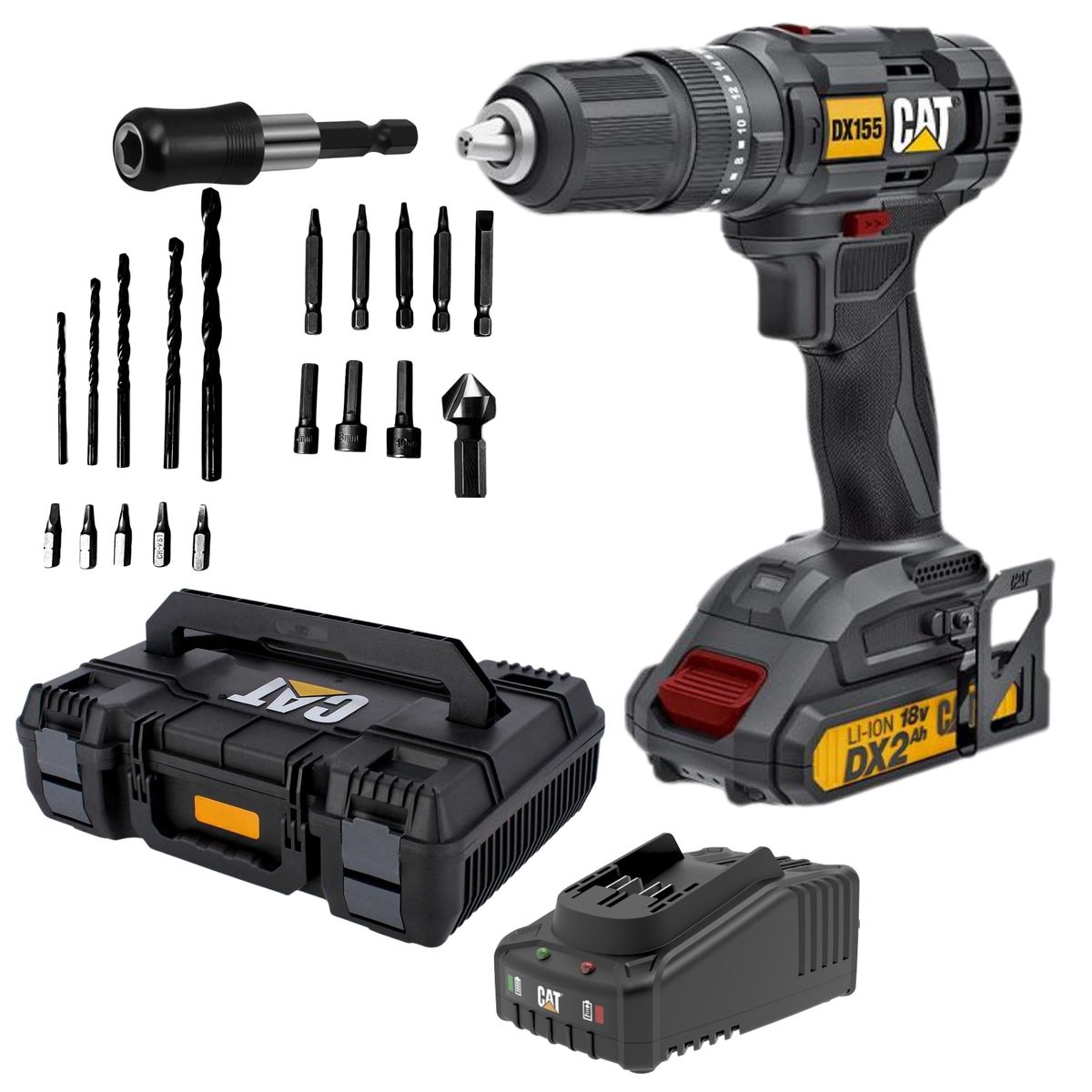CAT - Taladro percutor inalámbrica 55Nm 18V 20 accesorios, Maleta, CAT
