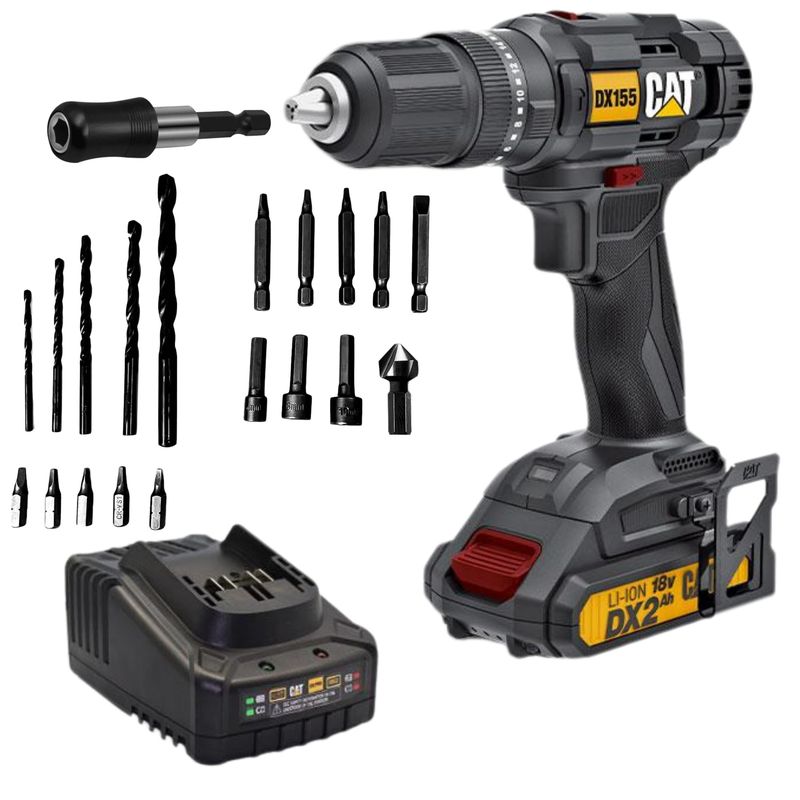 CAT - Taladro percutor inalámbrica 55Nm 18V 20 accesorios, Maleta, CAT