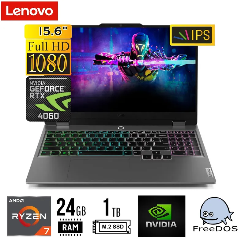 LENOVO - LAPTOP LENOVO LOQ 15ARP9, 15.6" FHD IPS, AMD Ryzen 7 7435HS 24GB DDR5 1TB SSD RTX 4060 8GB FREEDOS