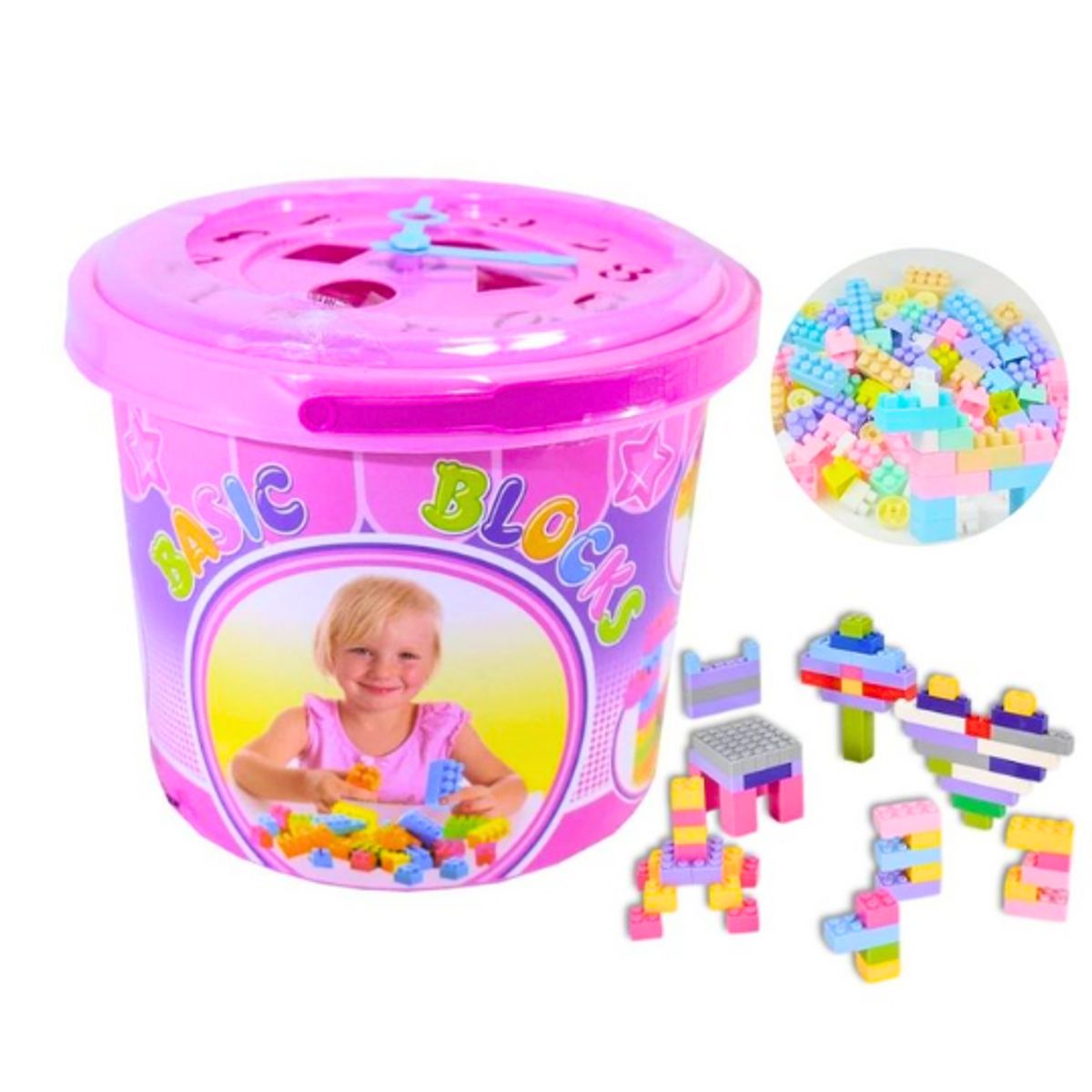 GENERICO - Bloques de Construcción Básicos en Cubeta Rosa