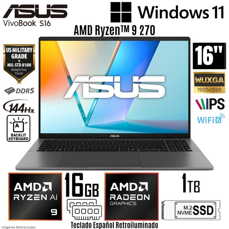 ASUS - Laptop Asus Vivobook S16 M3607HA-RP066 AMD Ryzen 9 270 16GB DDR5 RAM 1TB SSD 16"  WUXGA Win 11