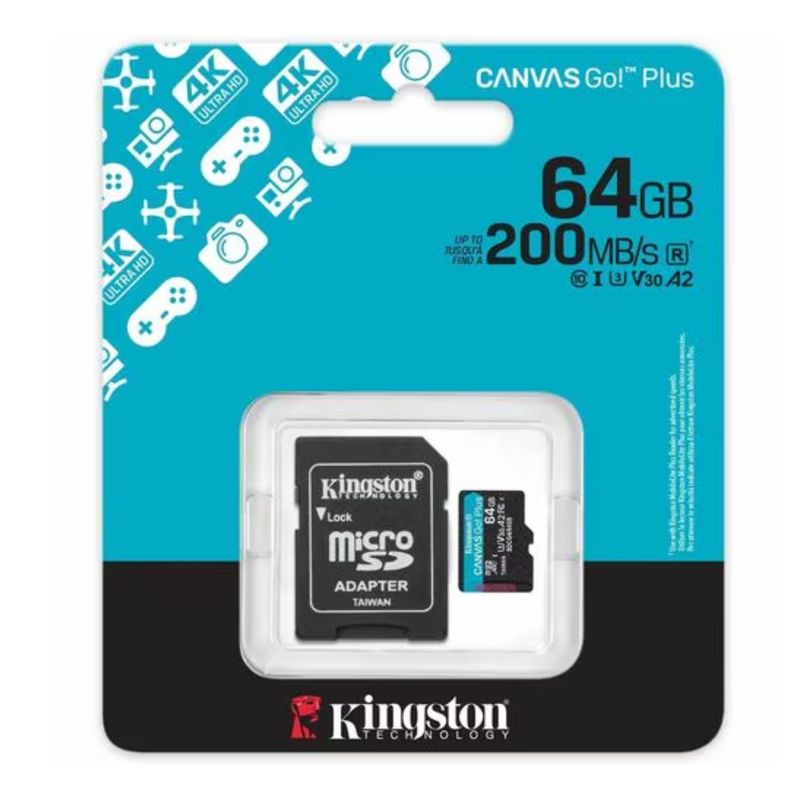 KINGSTON - Tarjeta microSDXC Kingston Canvas Go Plus - 64GB - Class 10UHS-I U3 - V30 - 200MBs