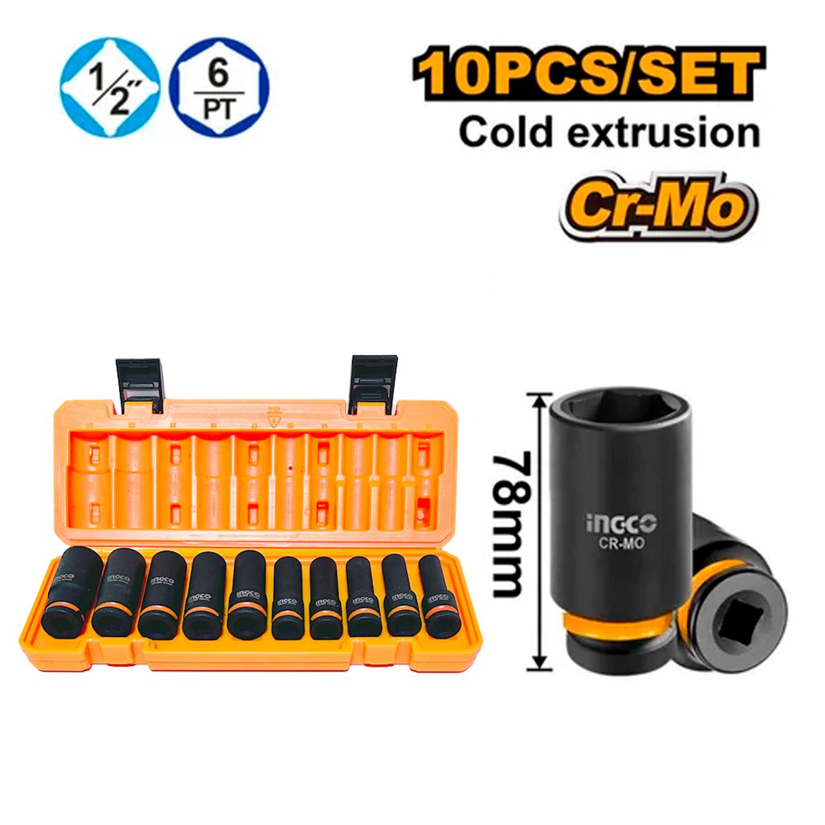 INGCO - Juego Set Dados Impacto Largos Ingco HKISSD12102L 1/2″ 10 Pcs