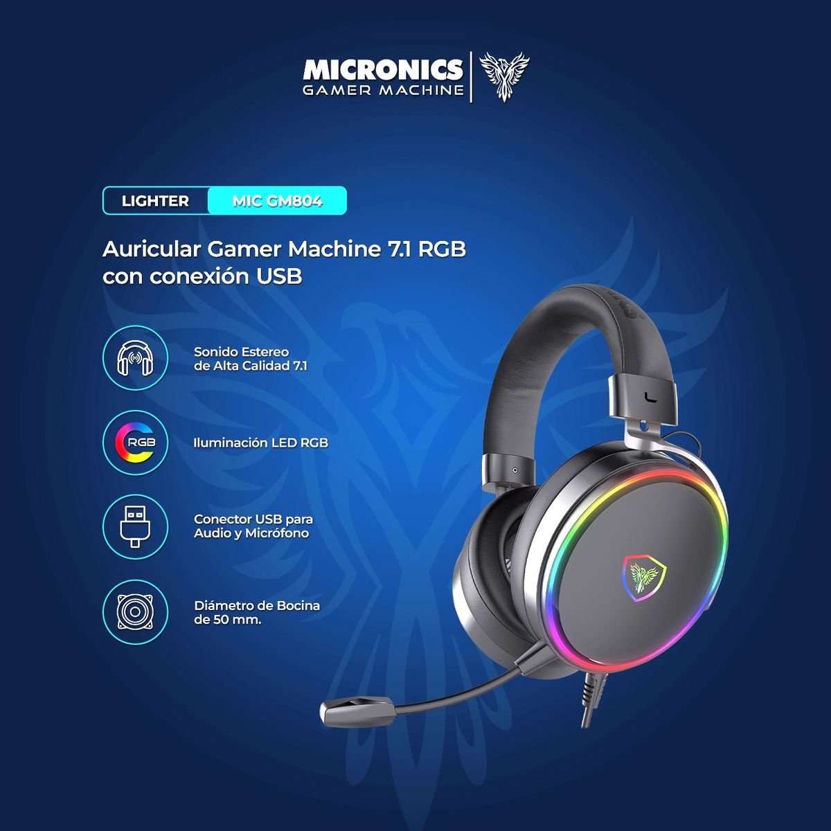MICRONICS - Auricular Gamer Alámbrico 7.1 RGB USB Micronics Fanatic MIC HG8000