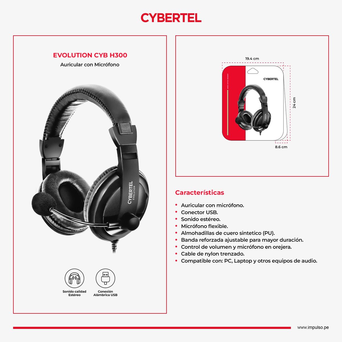 CYBERTEL - Auricular Oficina Alámbrico con MIC Cybertel Evolution CYB H300