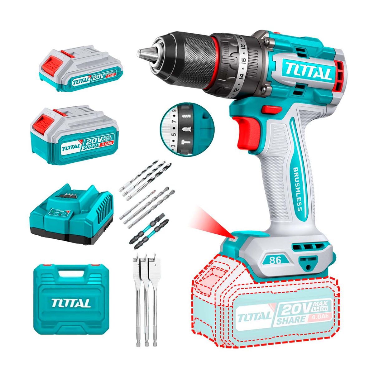 Taladro Atornillador Percutor Brushless 86nm Tidli20868, marca Total Tools - Foto Principal