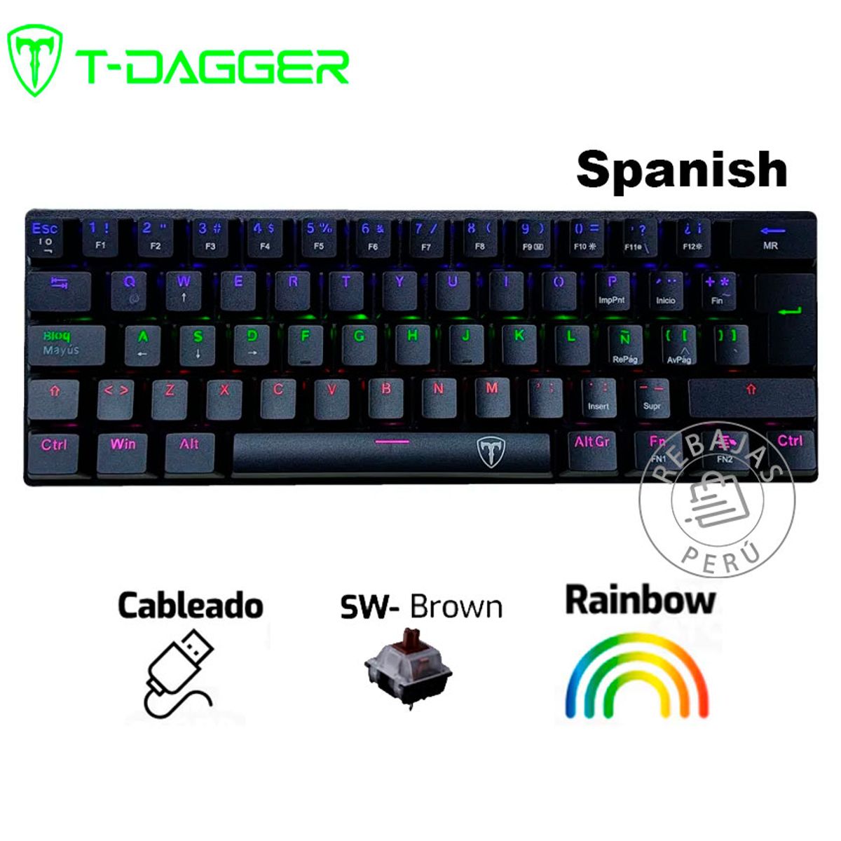 T-DAGGER - Teclado Mecánico T-Dagger Arena 60% Brown ESP RGB Rainbow Negro