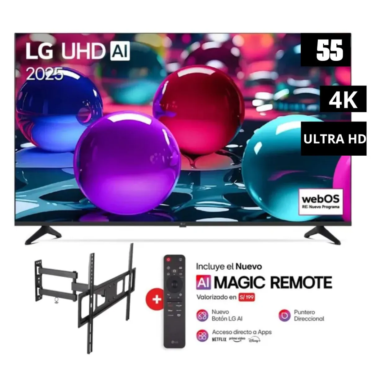 LG - Televisor LG 55" UHD AI UA73 4K Smart TV 2025 + Rack Giratorio