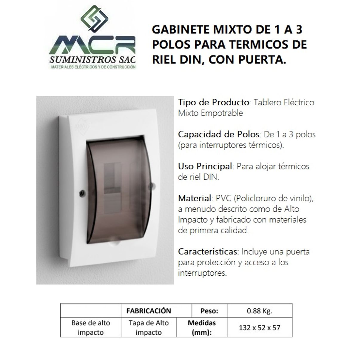 GENERICO - GABINETE EMP. MIXTO DE 1 A 3 POLOS PARA ITM DE RIEL DIN, CON PUERTA.