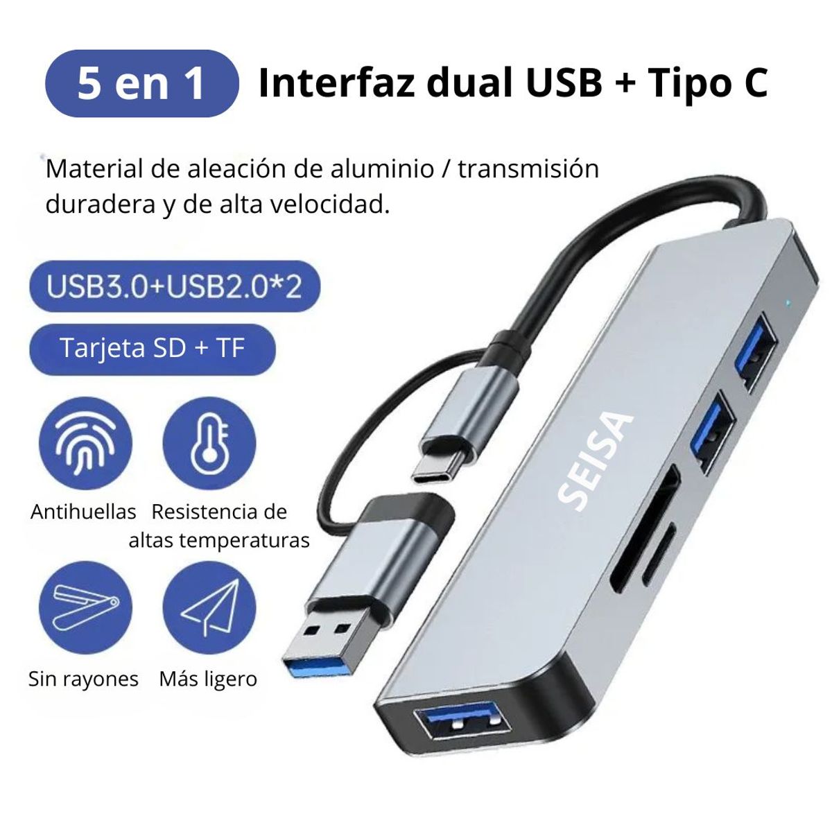 SEISA - Hub Adaptador SEISA 5 en 1 USB C con 3 Puertos USB 3.0 y Lector SD/TF
