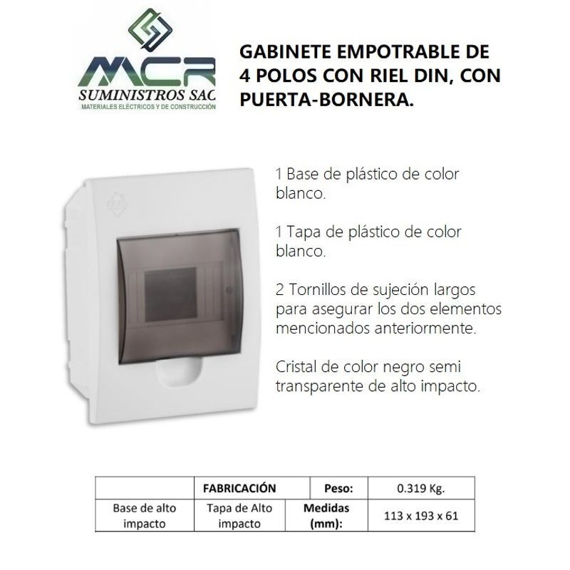 GENERICO - GABINETE EMP DE 4 POLOS PARA ITM DE RIEL DIN, CON PUERTA.