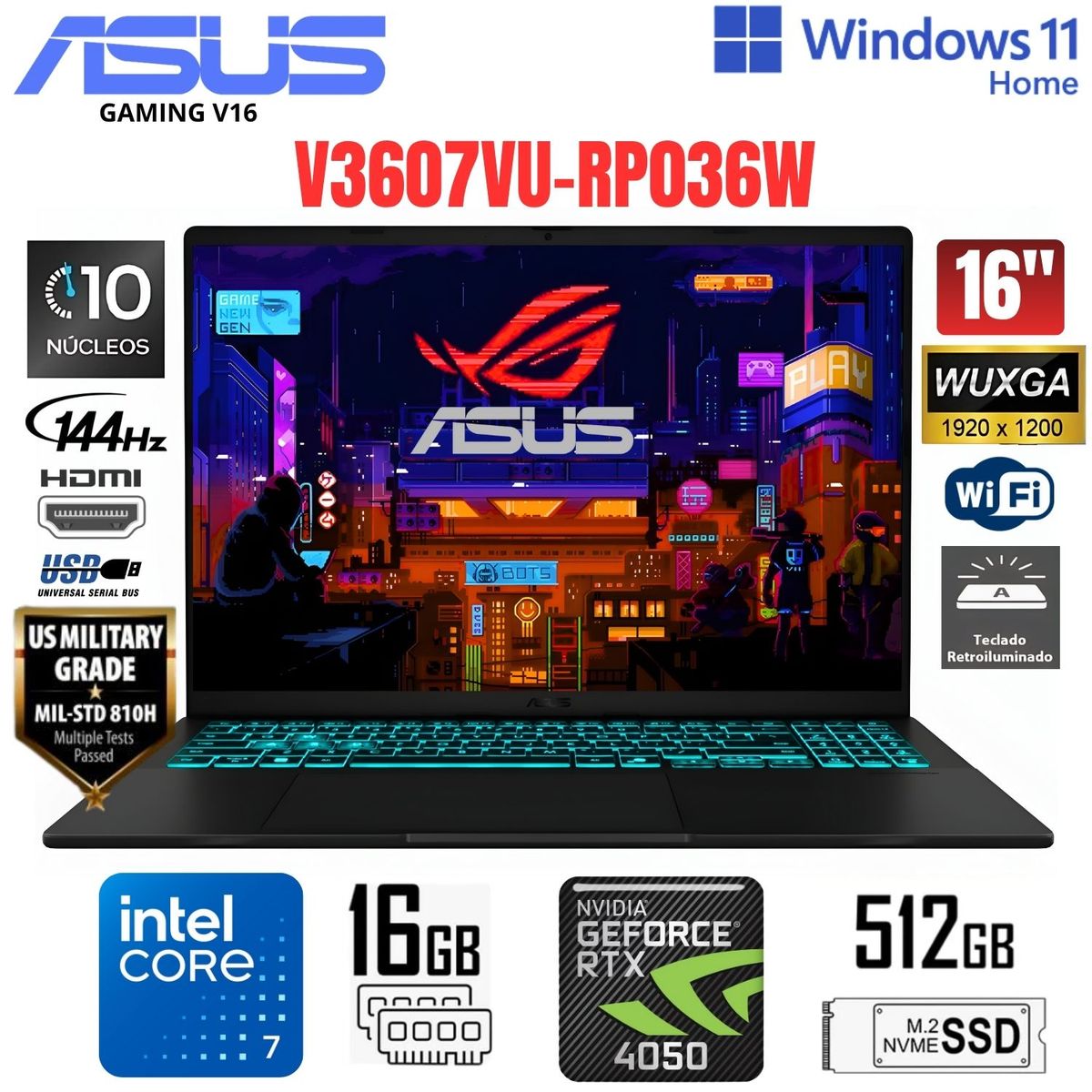 ASUS - Laptop ASUS GAMER V16 INTEL CORE 7 240H RTX4050   16GB RAM 512GB SSD WIN 11 (V3607VU-RP036W)