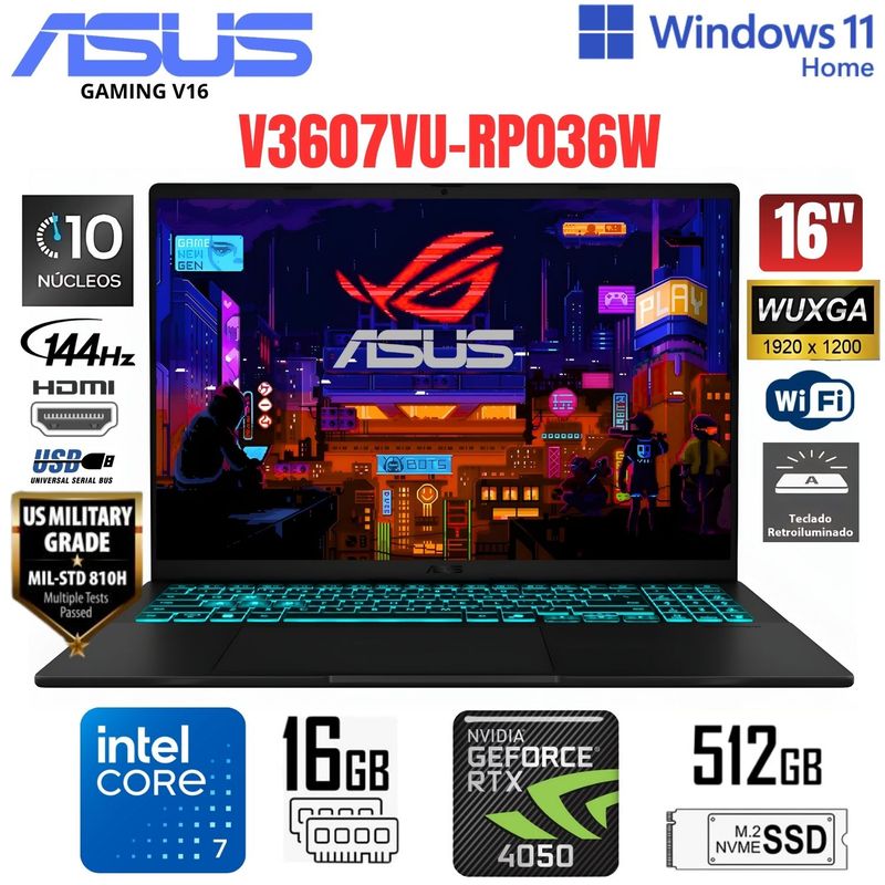 ASUS - Laptop ASUS GAMER V16 INTEL CORE 7 240H RTX4050   16GB RAM 512GB SSD WIN 11 (V3607VU-RP036W)