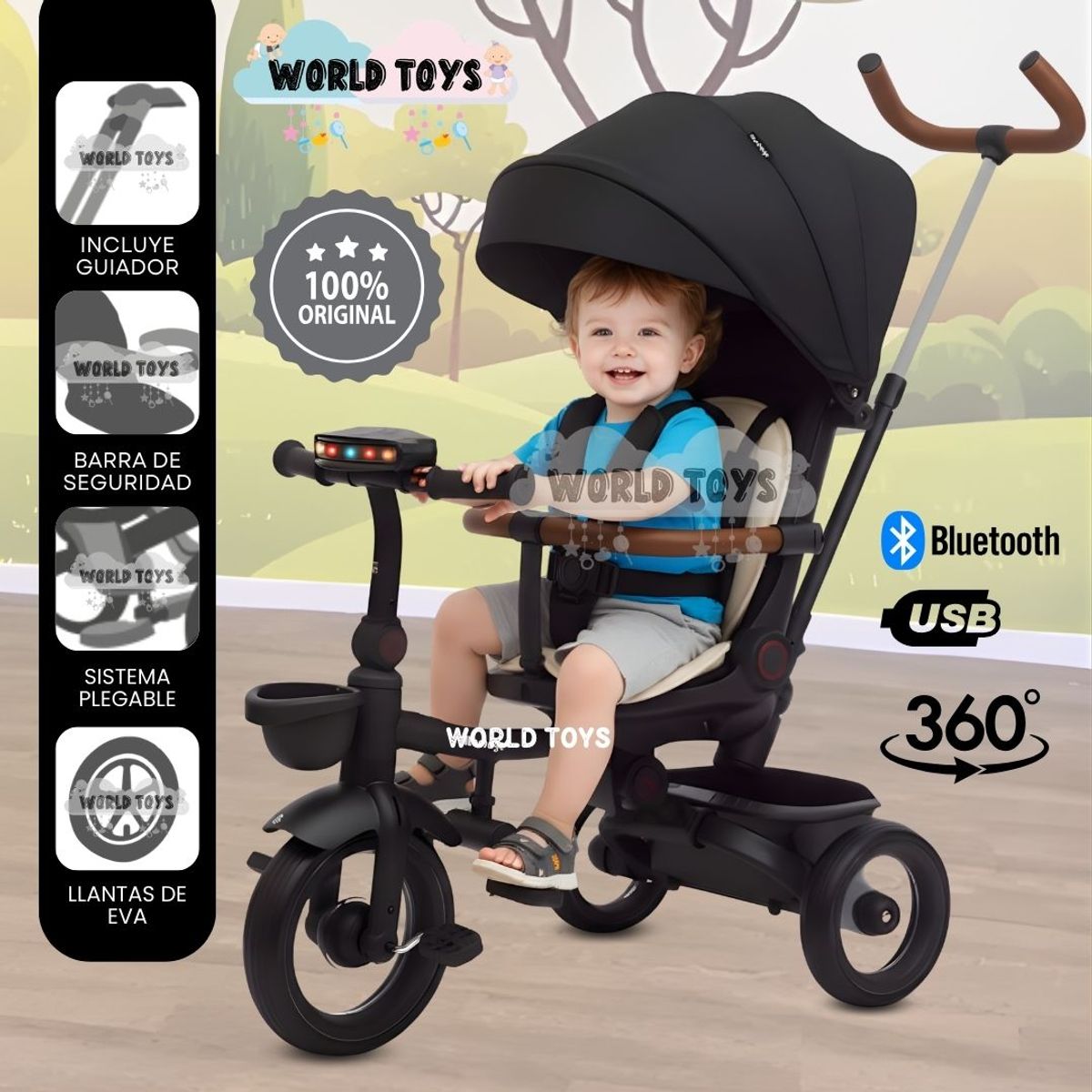 BABY - Triciclo Guiador Plegable «FOLDING» con Bluetooth Black