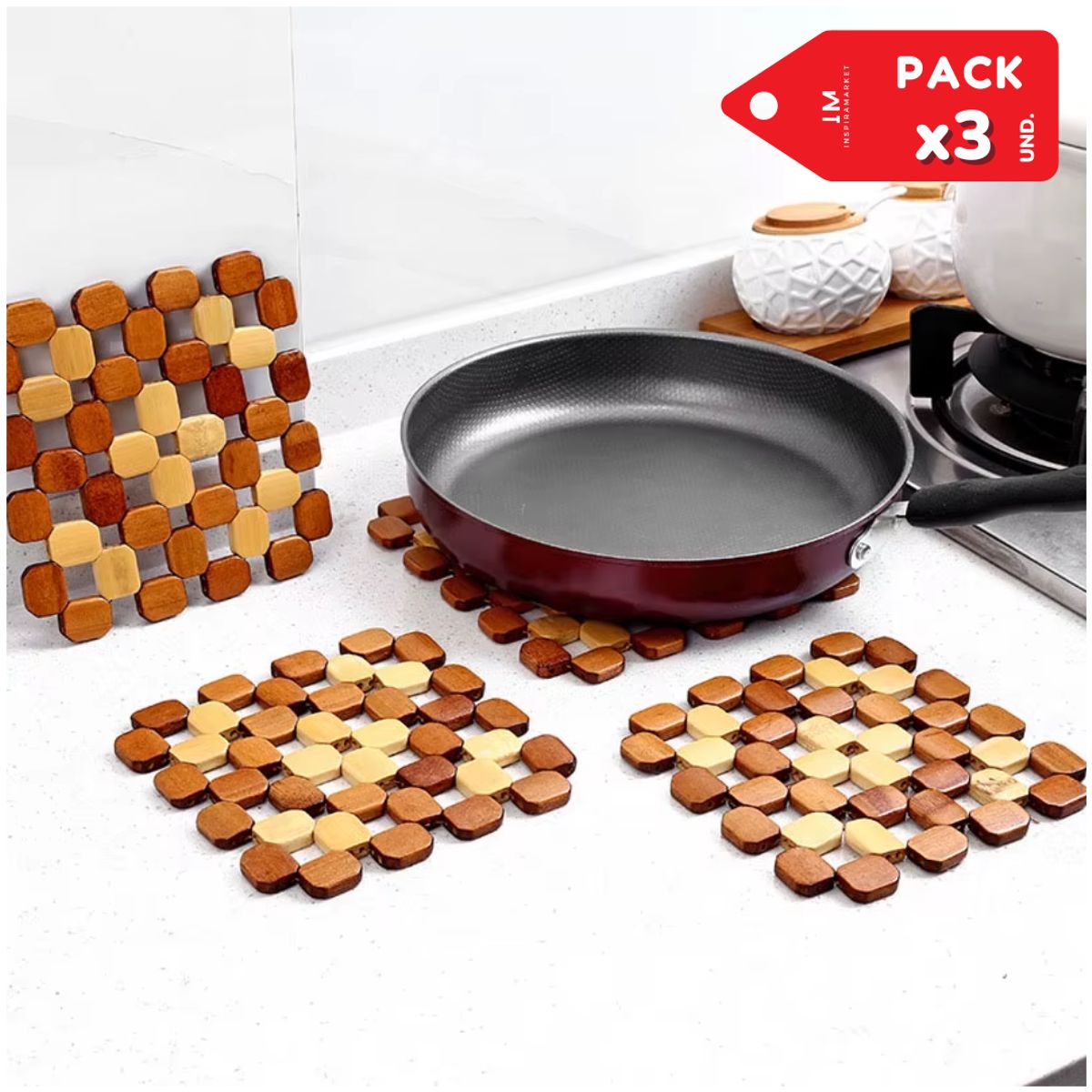 INSPIRA MARKET - Soporte de Bambú Resistente Para Vajilla Olla Sarten Pack x3