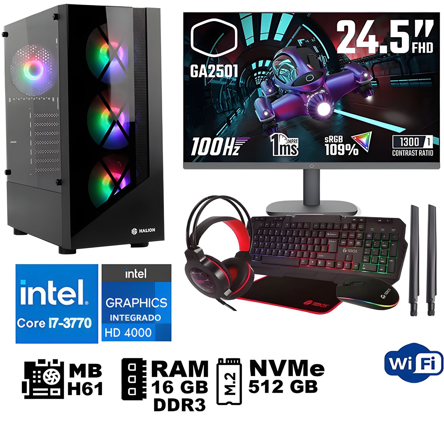Computadora Pc Intel Core i7 3770 Monitor 25 fhd' RAM 16 GB SSD 500 GB WIFI