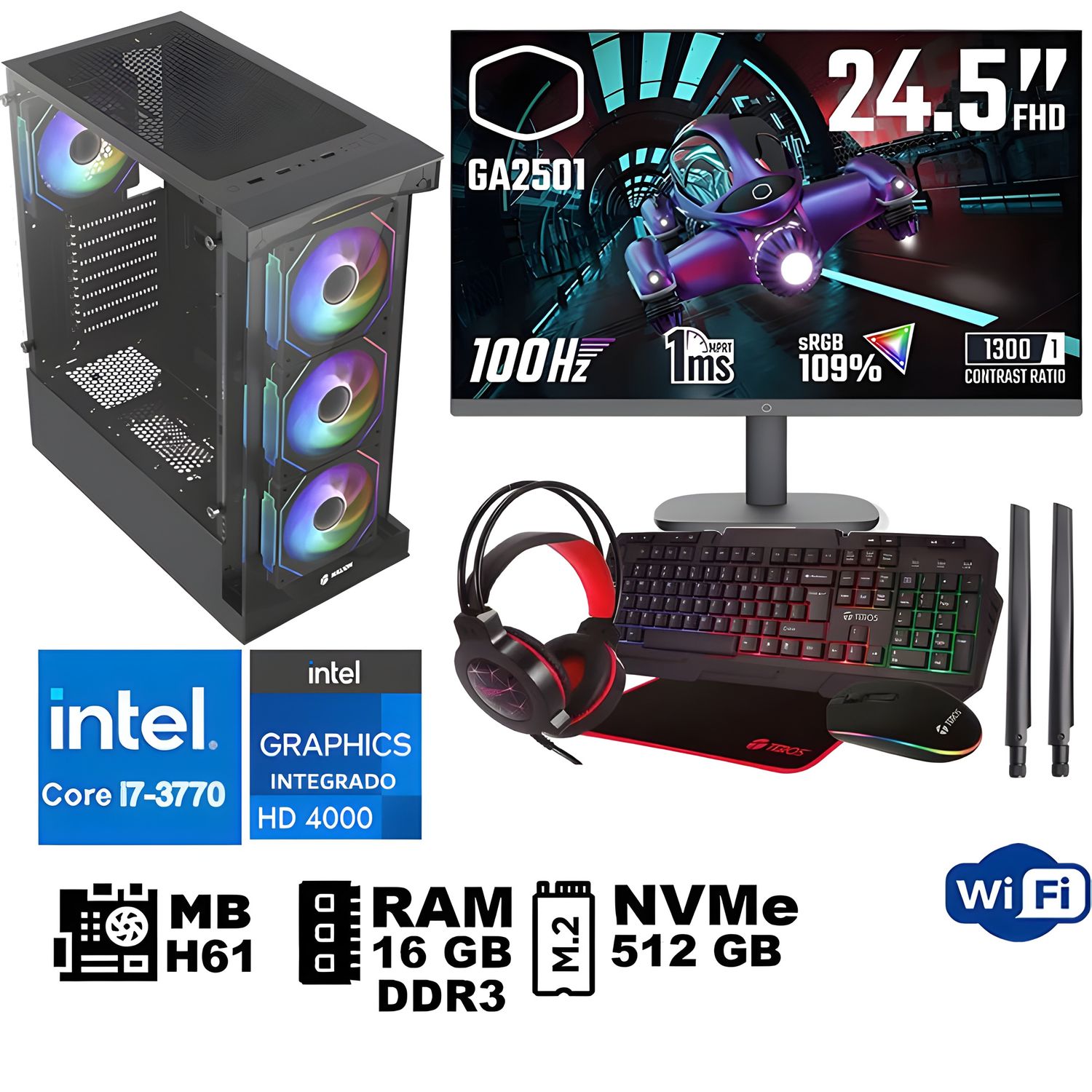 Computadora Pc Intel Core i7 3770 Monitor 25 fhd' RAM 16 GB SSD 500 GB WIFI