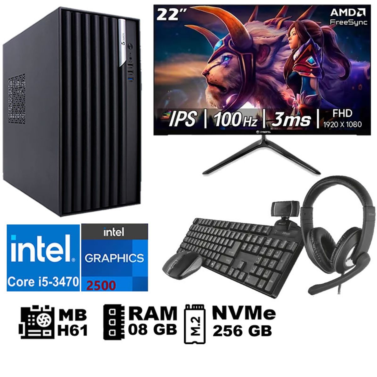 GENERICO - Computadora Pc Intel Core i5 3470 Monitor 22 fhd' RAM 08 GB SSD256 GB  WEB CAM