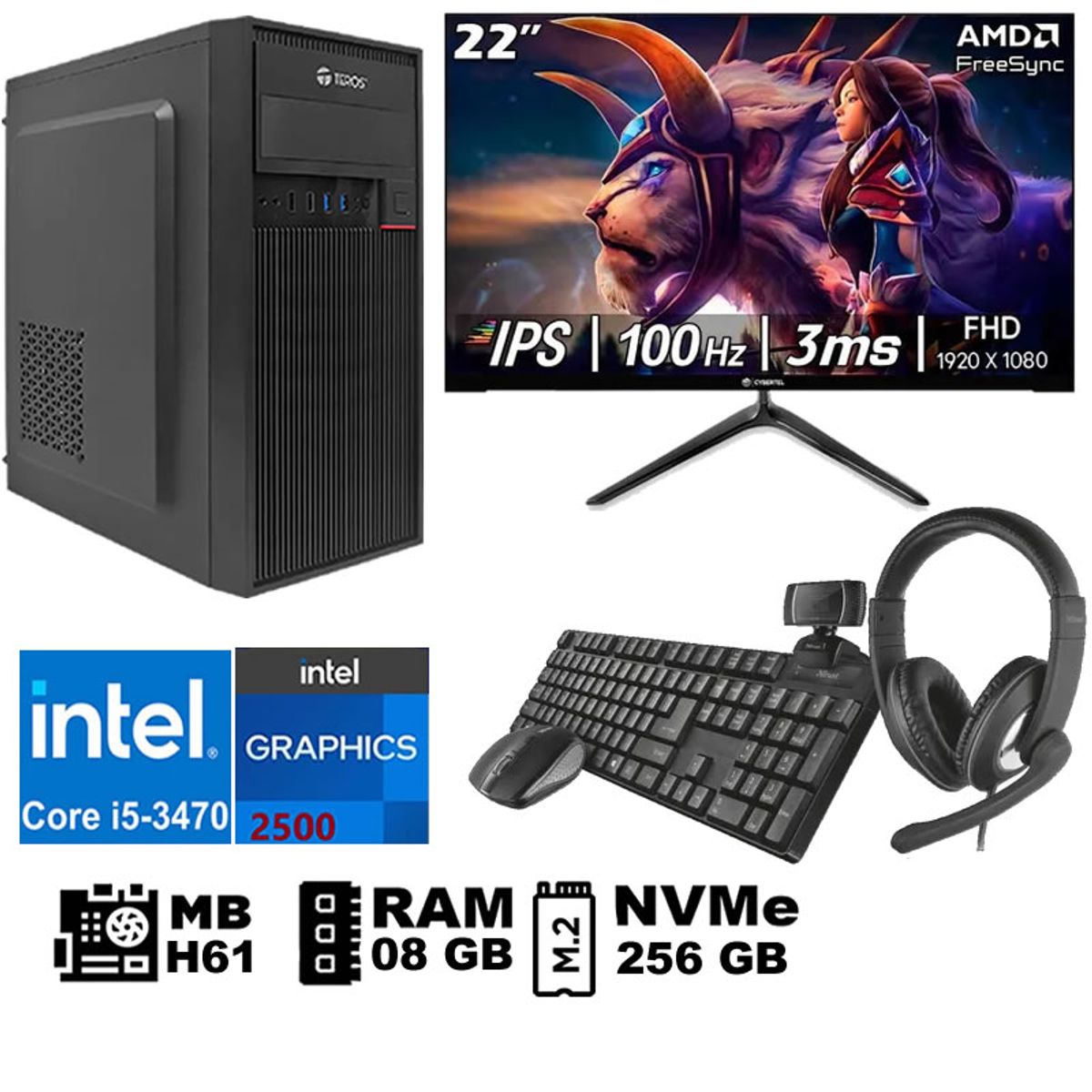 GENERICO - Computadora Pc Intel Core i5 3470 Monitor 22 fhd' RAM 08 GB SSD256 GB  WEB CAM