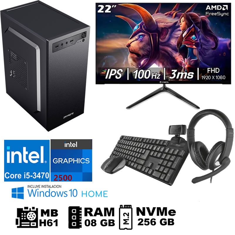 Computadora Pc Intel Core i5 3470 Monitor 22 fhd' RAM 08 GB SSD256 GB  WEB CAM