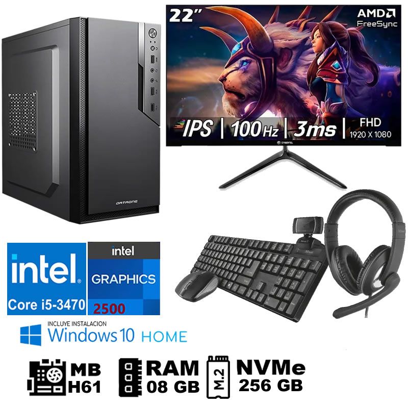 Computadora Pc Intel Core i5 3470 Monitor 22 fhd' RAM 08 GB SSD256 GB  WEB CAM
