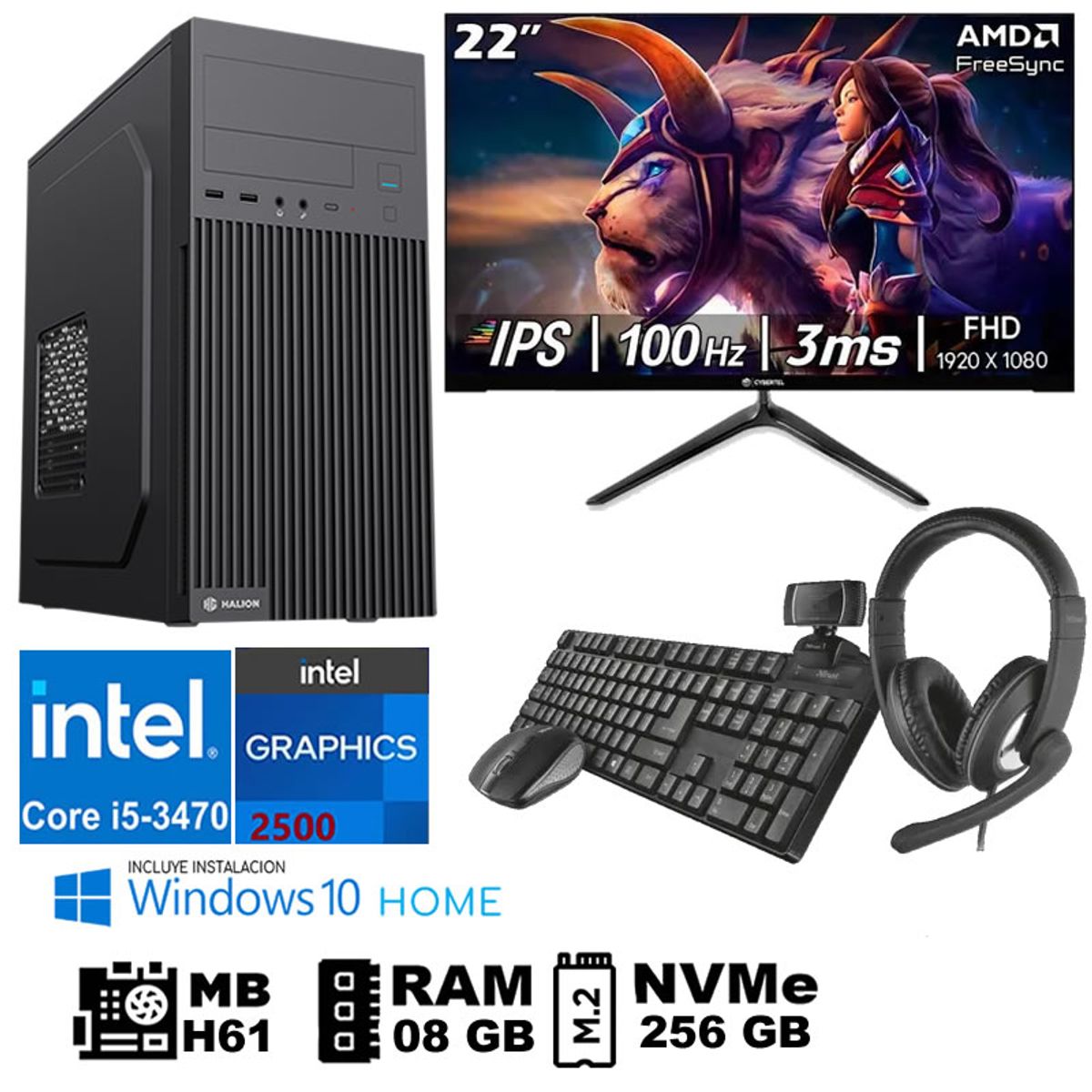 GENERICO - Computadora Pc Intel Core i5 3470 Monitor 22 fhd' RAM 08 GB SSD256 GB  WEB CAM