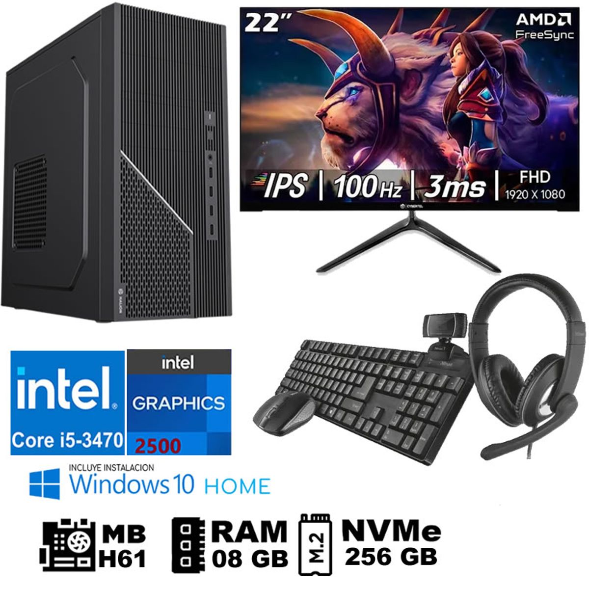 GENERICO - Computadora Pc Intel Core i5 3470 Monitor 22 fhd' RAM 08 GB SSD256 GB  WEB CAM