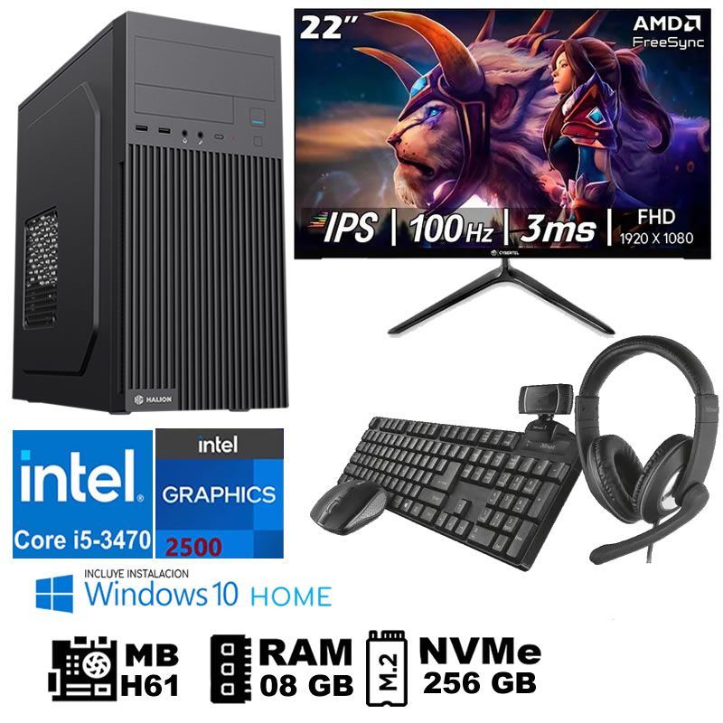 Computadora Pc Intel Core i5 3470 Monitor 22 fhd' RAM 08 GB SSD256 GB  WEB CAM