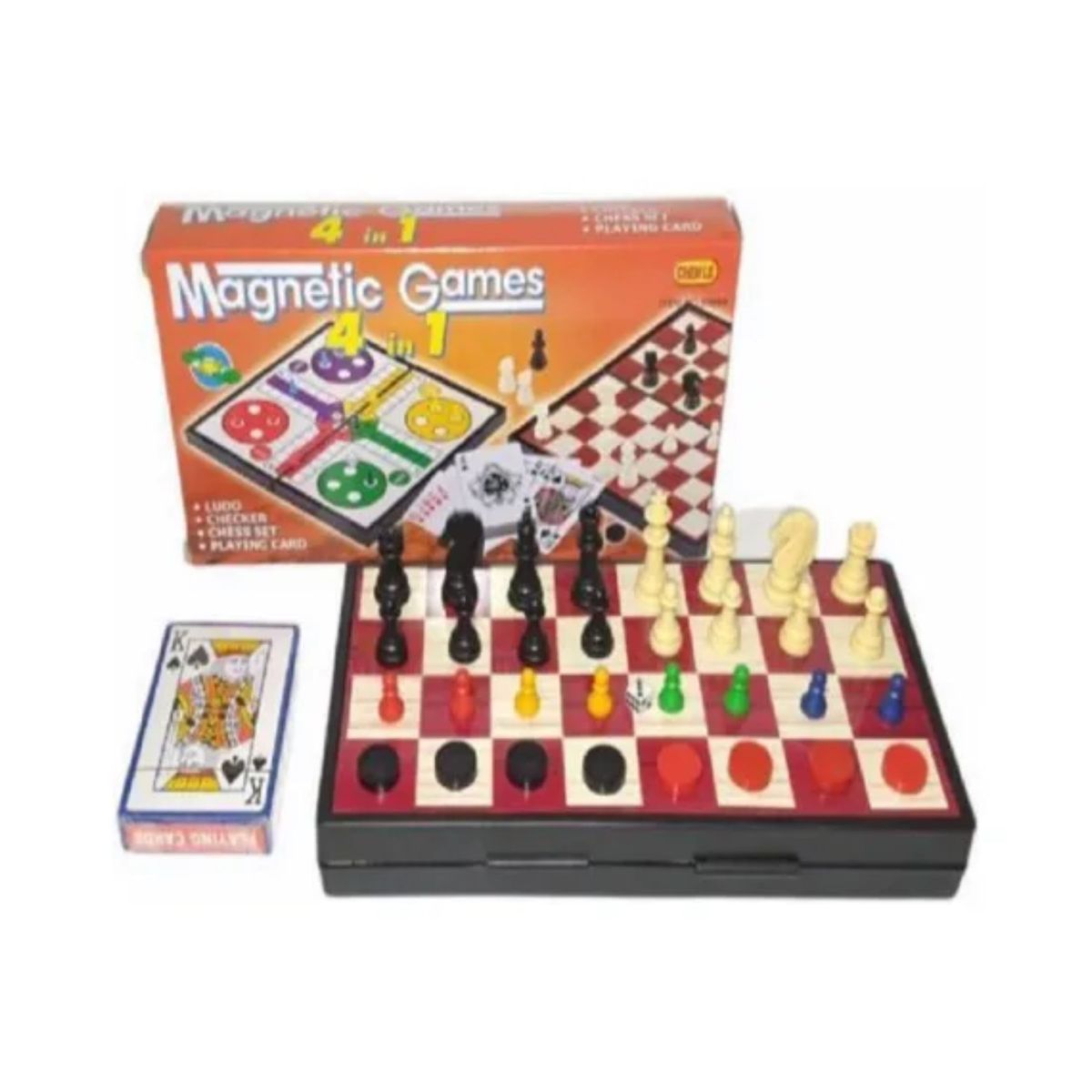 GENERICO - Juego Magnético 4 en 1 para la Familia (Ajedrez, Damas, Ludo y Naipes)