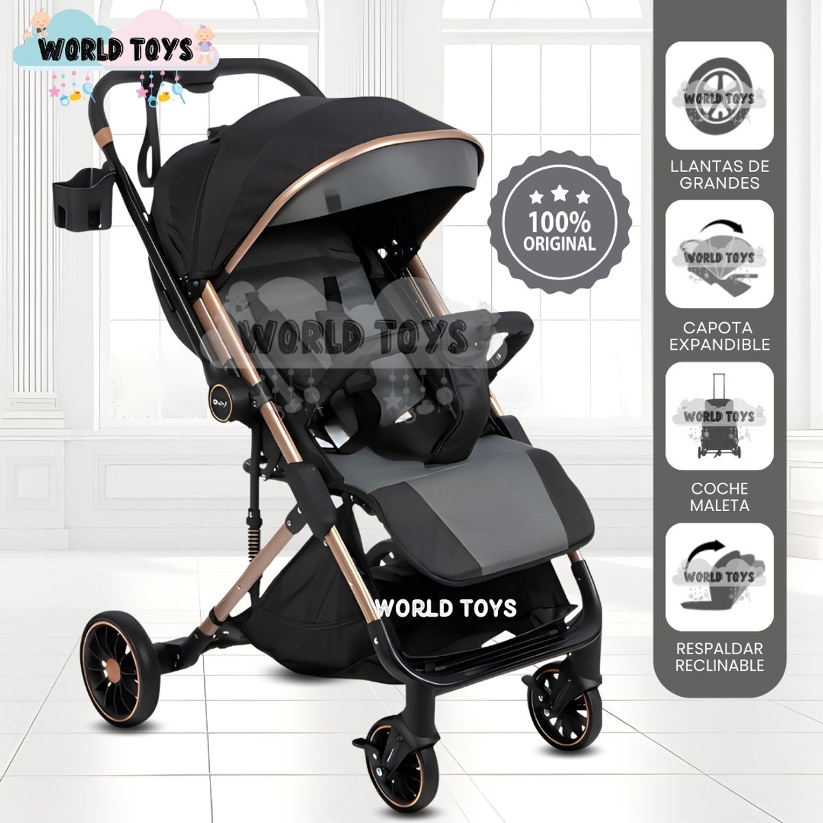 BABY - Coche Maleta de Lujo «CORAL» Mango Reversible Gris