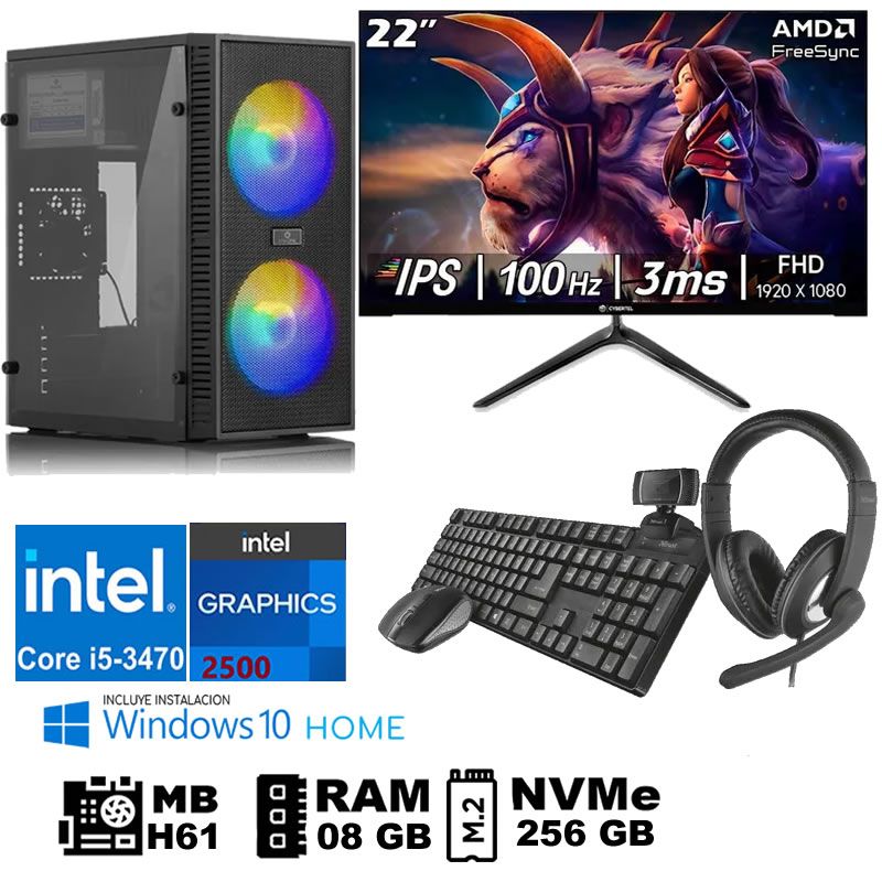 Computadora Pc Intel Core i5 3470 Monitor 22 fhd' RAM 08 GB SSD256 GB  WEB CAM