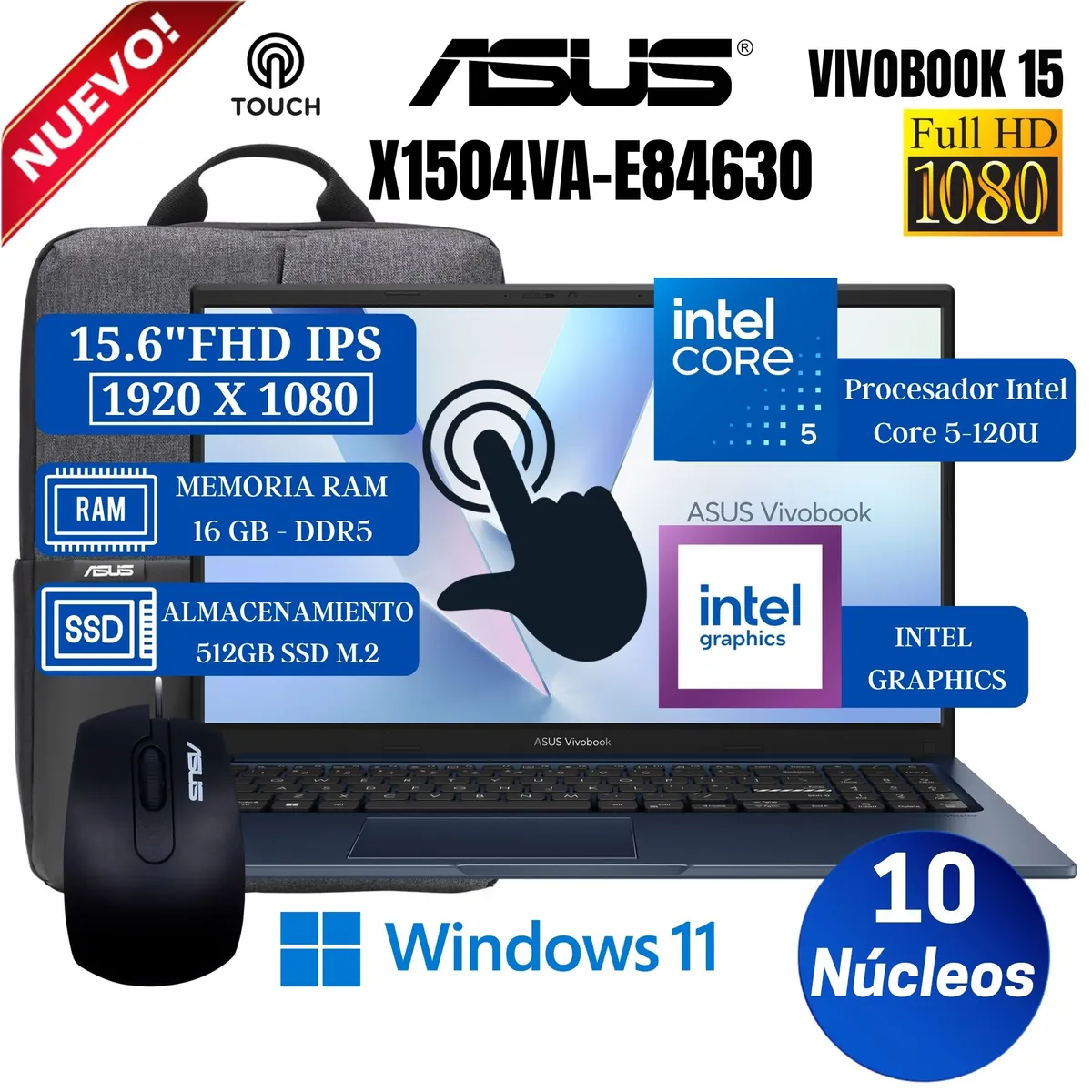 ASUS - Laptop Asus Vivobook X1504VA-E84630 15.6" FHD Táctil, Core 5-120U, Ram 16GB, SSD 512GB, Win 11 Pro