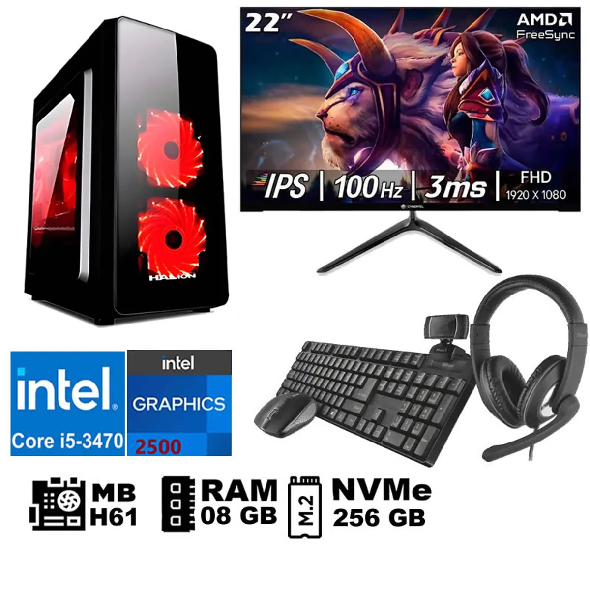 INTEL - Computadora Pc Intel Core i5 3470 Monitor 22 fhd' RAM 08 GB SSD256 GB  WEB CAM