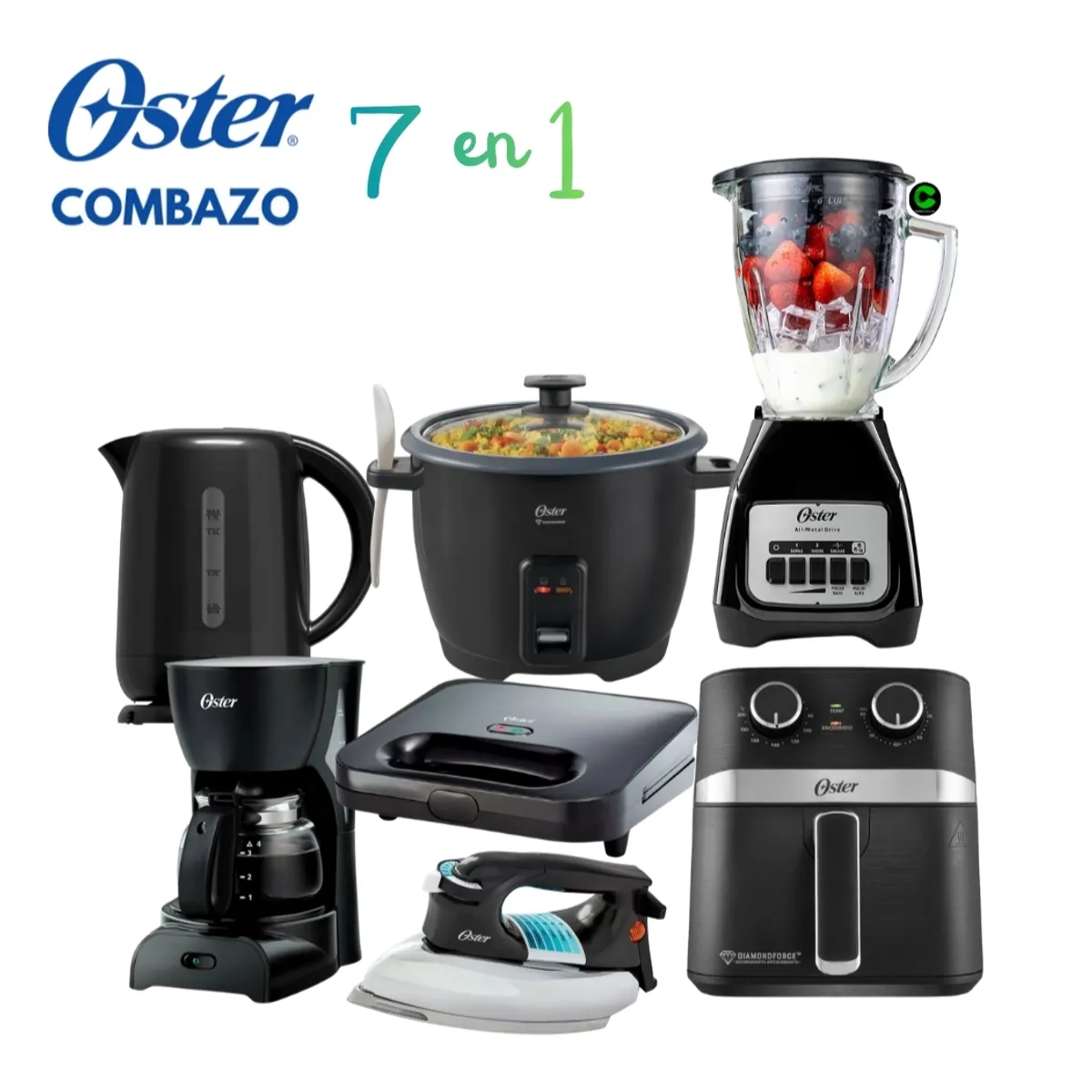 OSTER - Super Combo Licuadora + Hervidor + Arrocera + Sandwichera + Cafetera + Freidora y Plancha