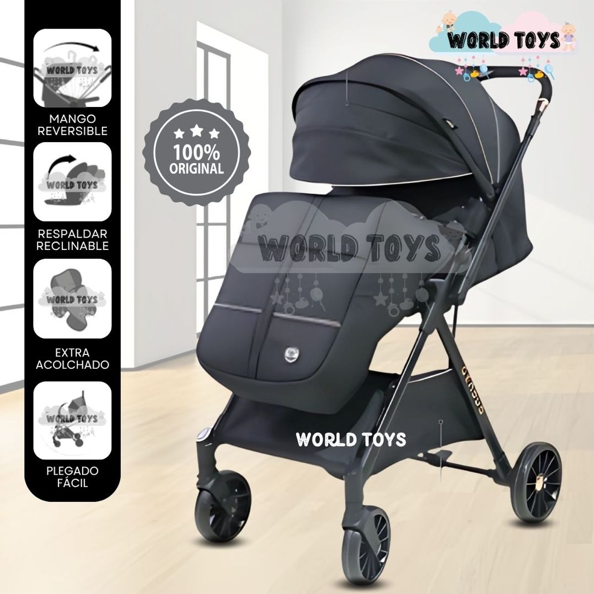 BABY - Coche Maleta de Lujo «GENOVIA» Mango Reversible Black