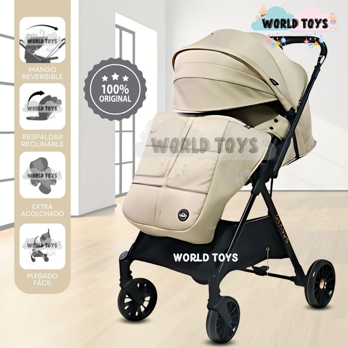 BABY - Coche Maleta de Lujo «GENOVIA» Mango Reversible Beige