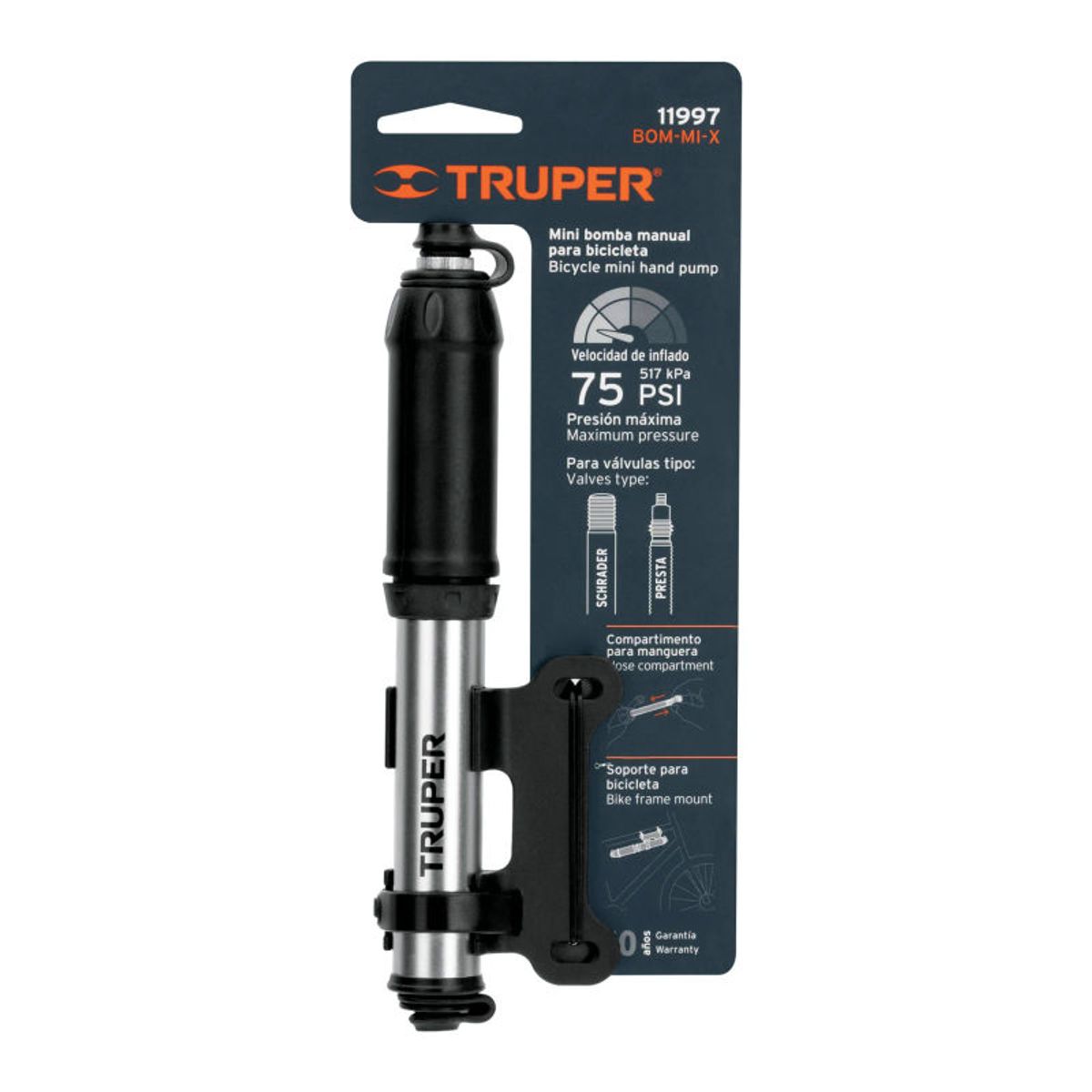 TRUPER - Mini inflador manual de aluminio para bicicleta 75 PSI Truper - 11997