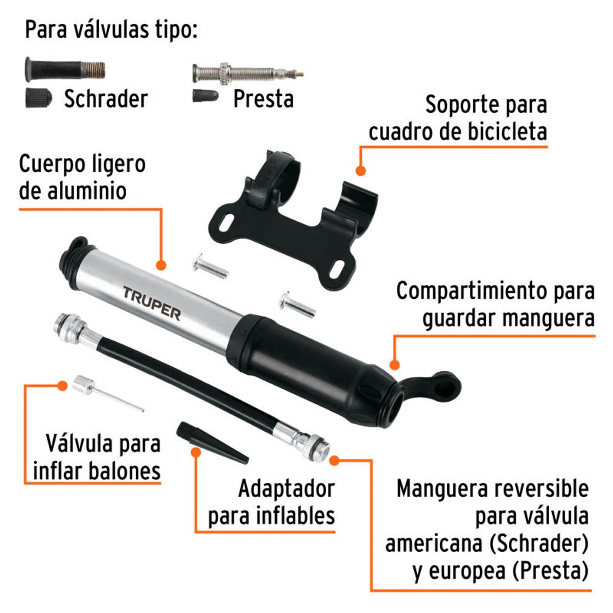 TRUPER - Mini inflador manual de aluminio para bicicleta 75 PSI Truper - 11997