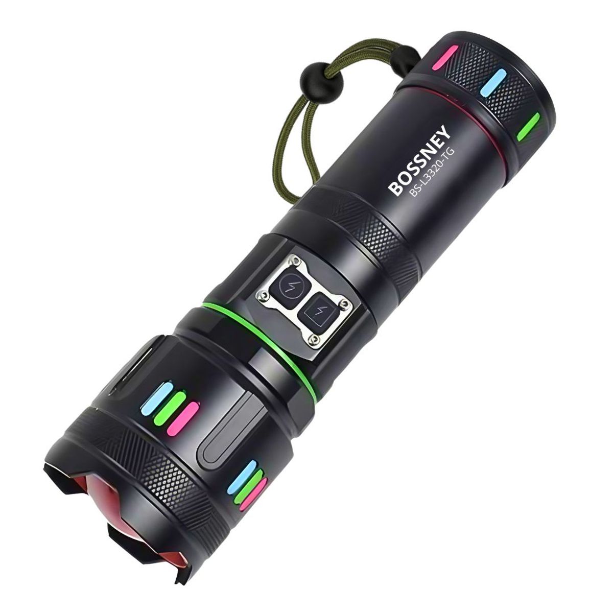 GENERICO - Linterna Táctica Bossney LED 3000m Zoom USB C con Luz Lateral RGB