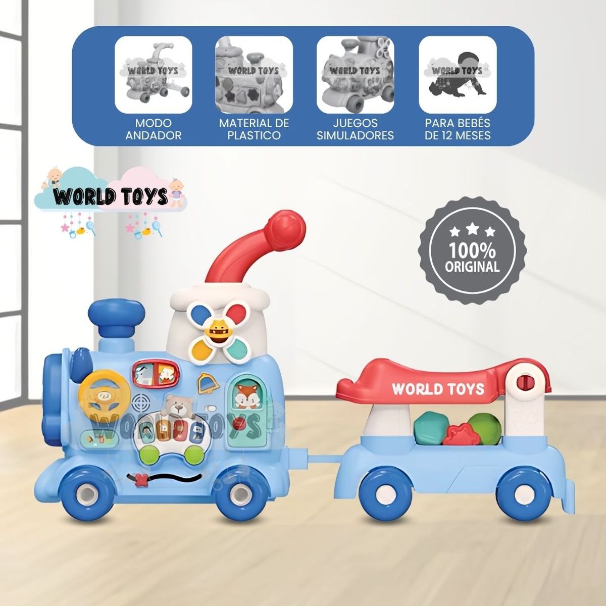 BABY - Caminador Trencito Musical 4 en 1 «TRAINY» Bluetooth Blue