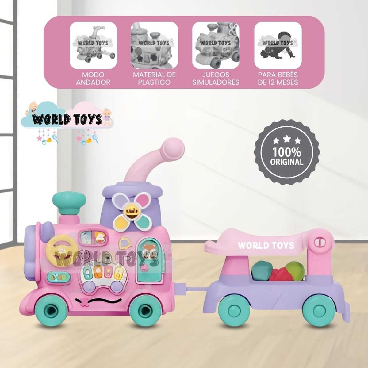 BABY - Caminador Trencito Musical 4 en 1 «TRAINY» Bluetooth Pink