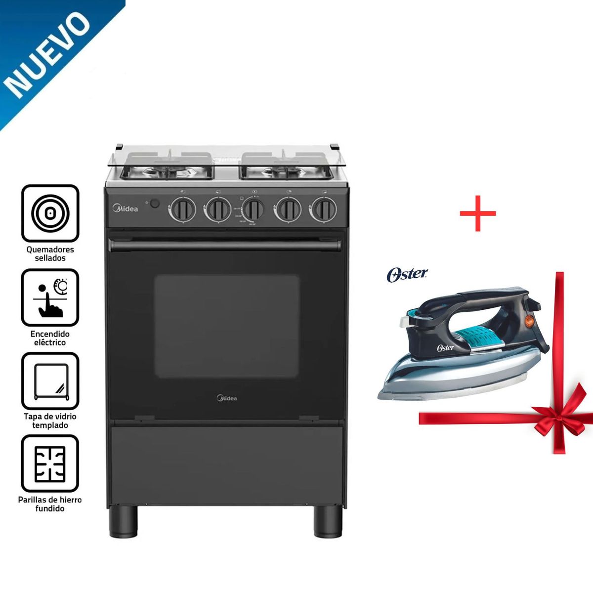 MIDEA - COCINA DE PIE MIDEA MGS24FS2LFABBC-PE 4 HORNILLAS NEGRO + PLANCHA OSTER