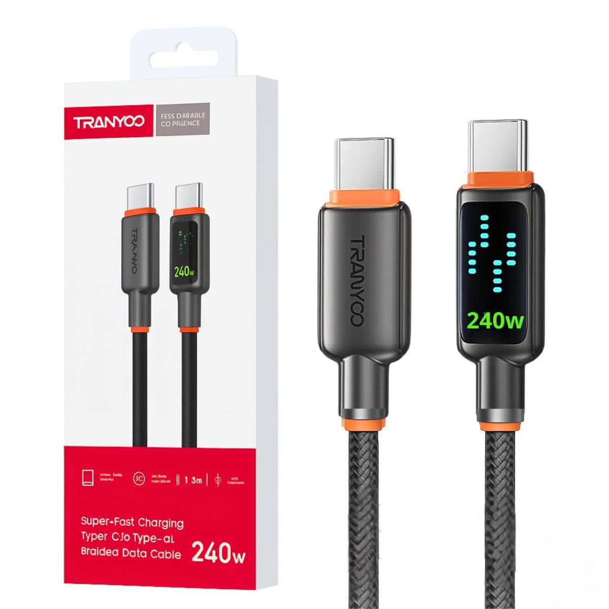 TRANYOO - Cable USB-C a USB-C 240W con LED Dinámico y Chip E-Marker 1.2 m