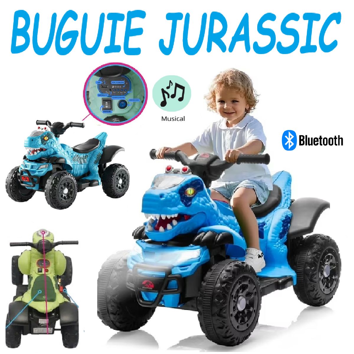 GENERICO - Nuevo Buguie a Bateria Jurassic con Bluetooth -Azul