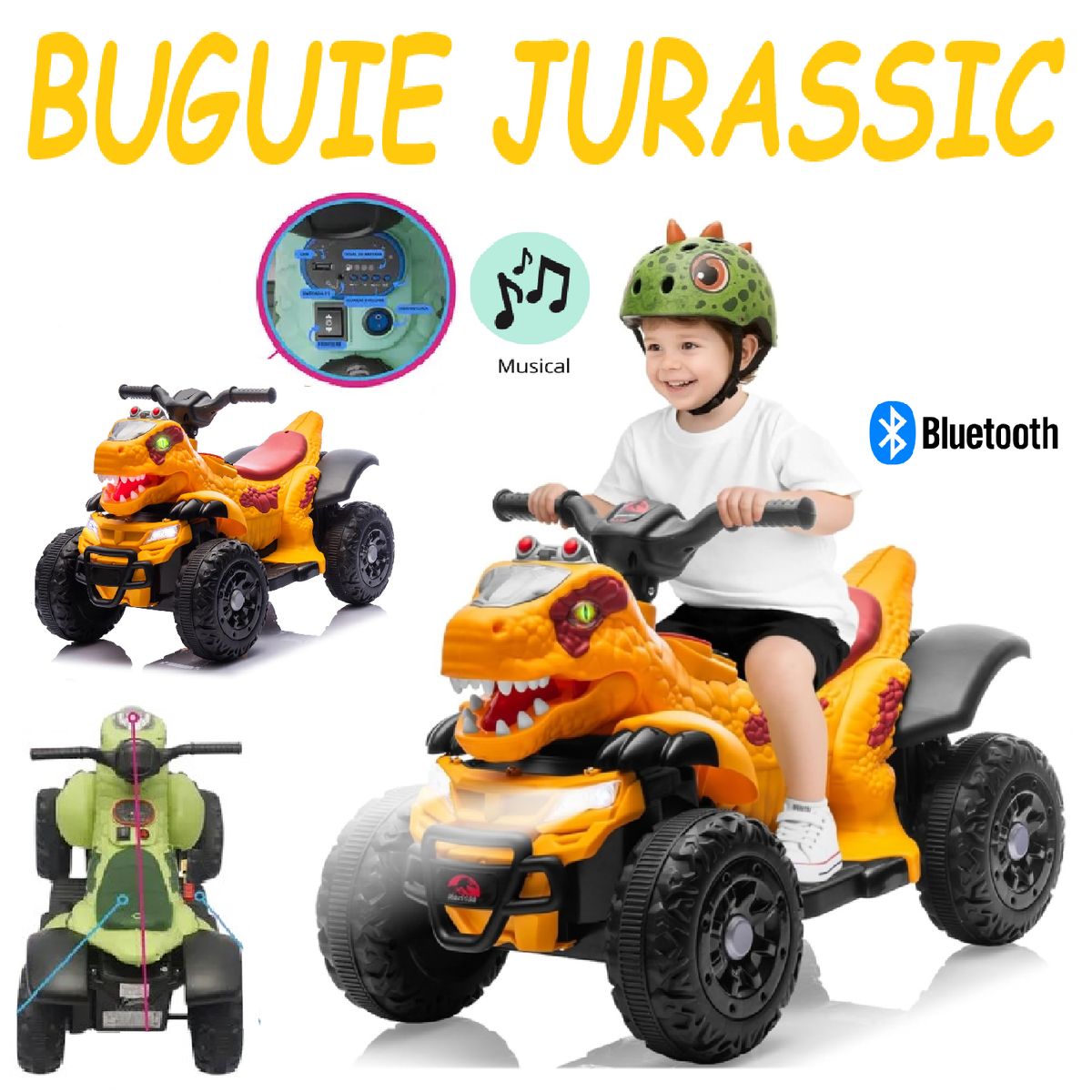 GENERICO - Nuevo Buguie a Bateria Jurassic con Bluetooth -Amarillo