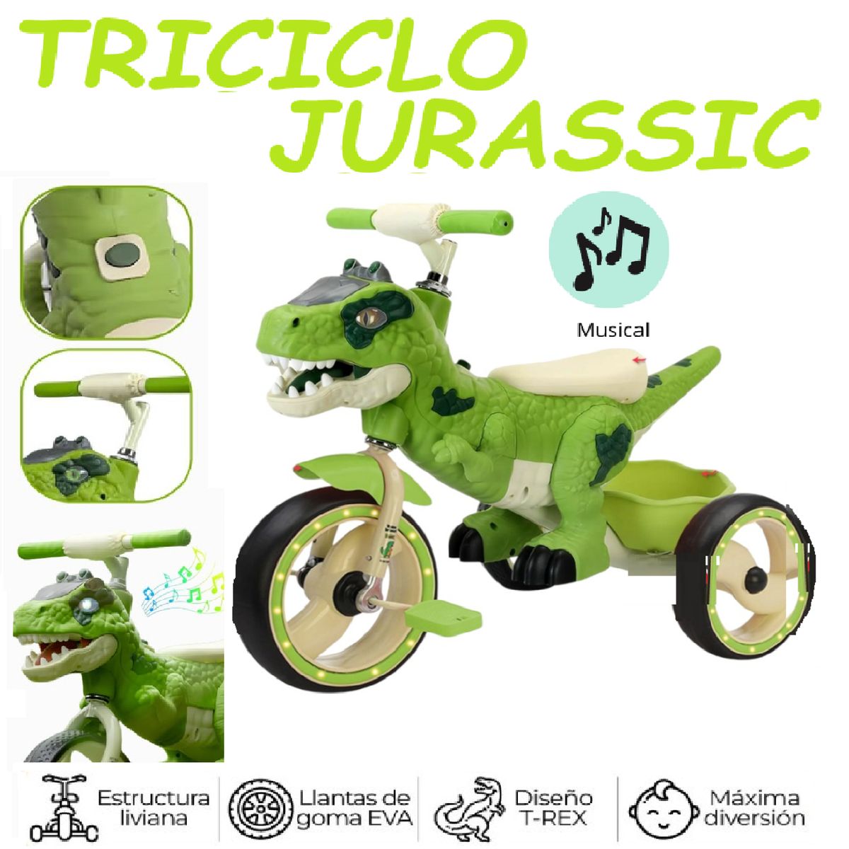 GENERICO - Triciclo a Pedal Musical y luces Jurassic - Verde
