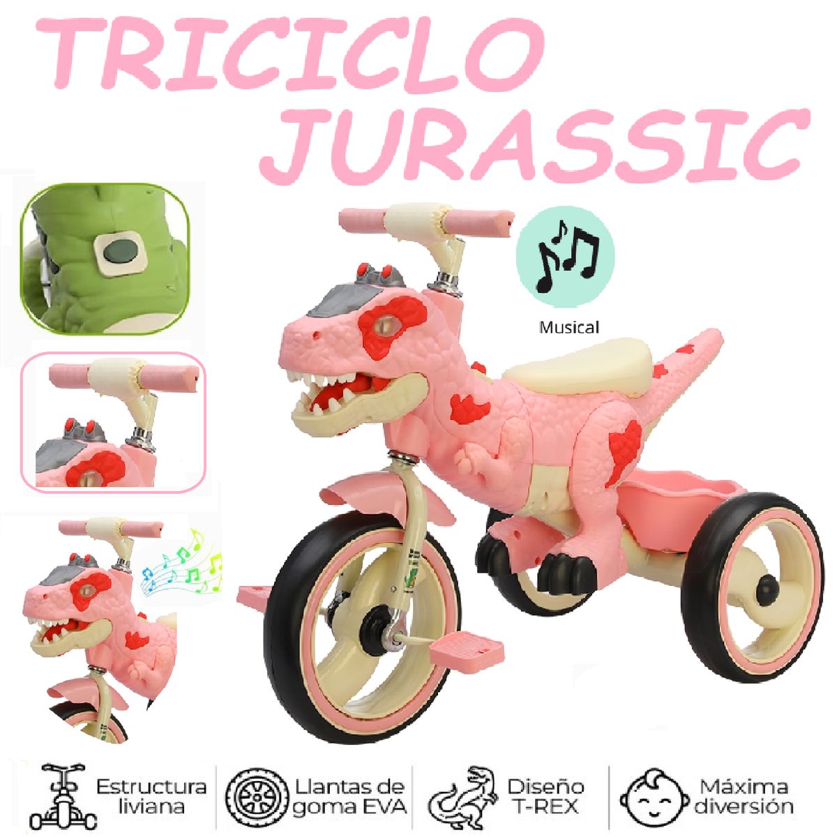 GENERICO - Triciclo a Pedal Musical y luces Jurassic - Rosa