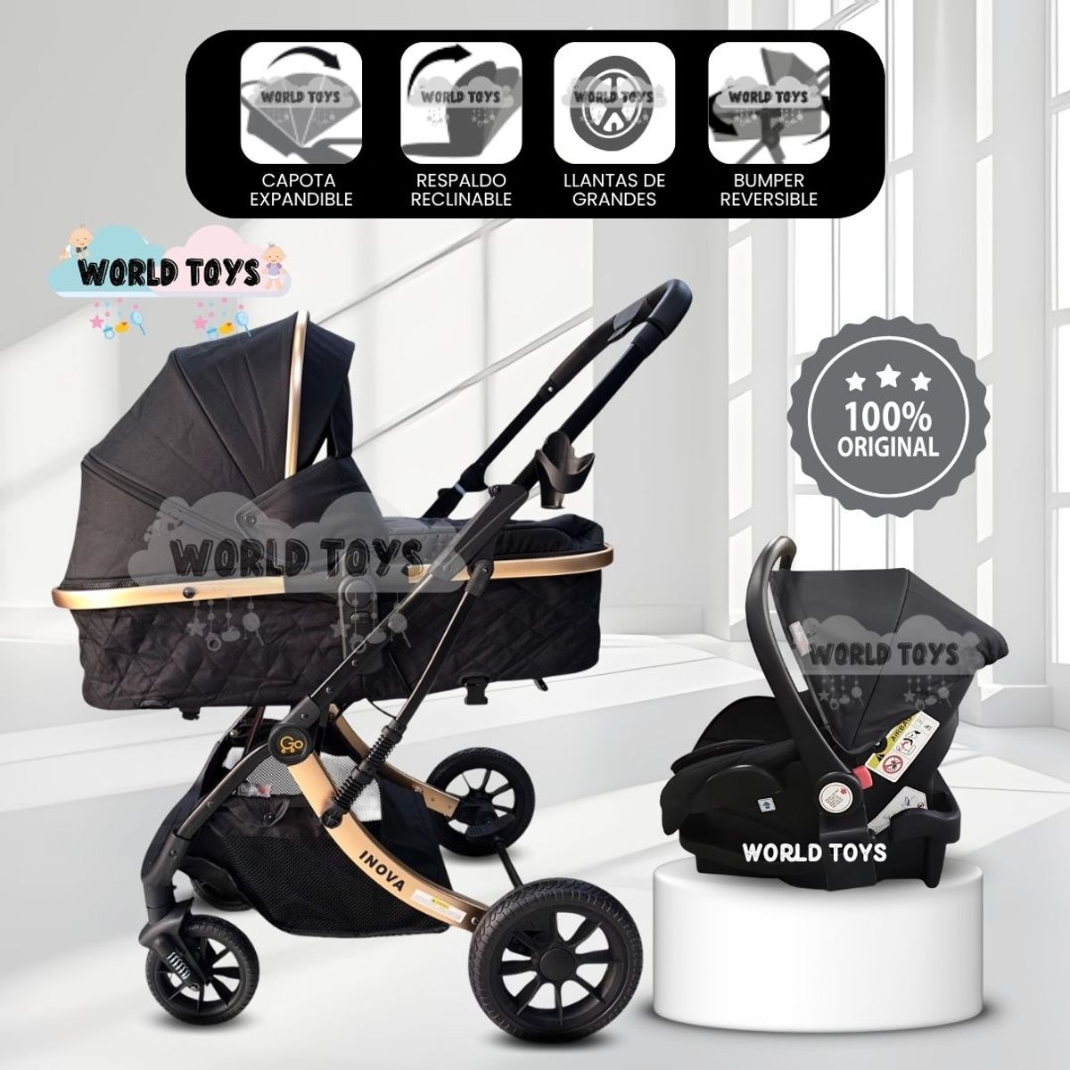 BABY - Coche Moisés Travel System «INOVA PRO» de Lujo Black