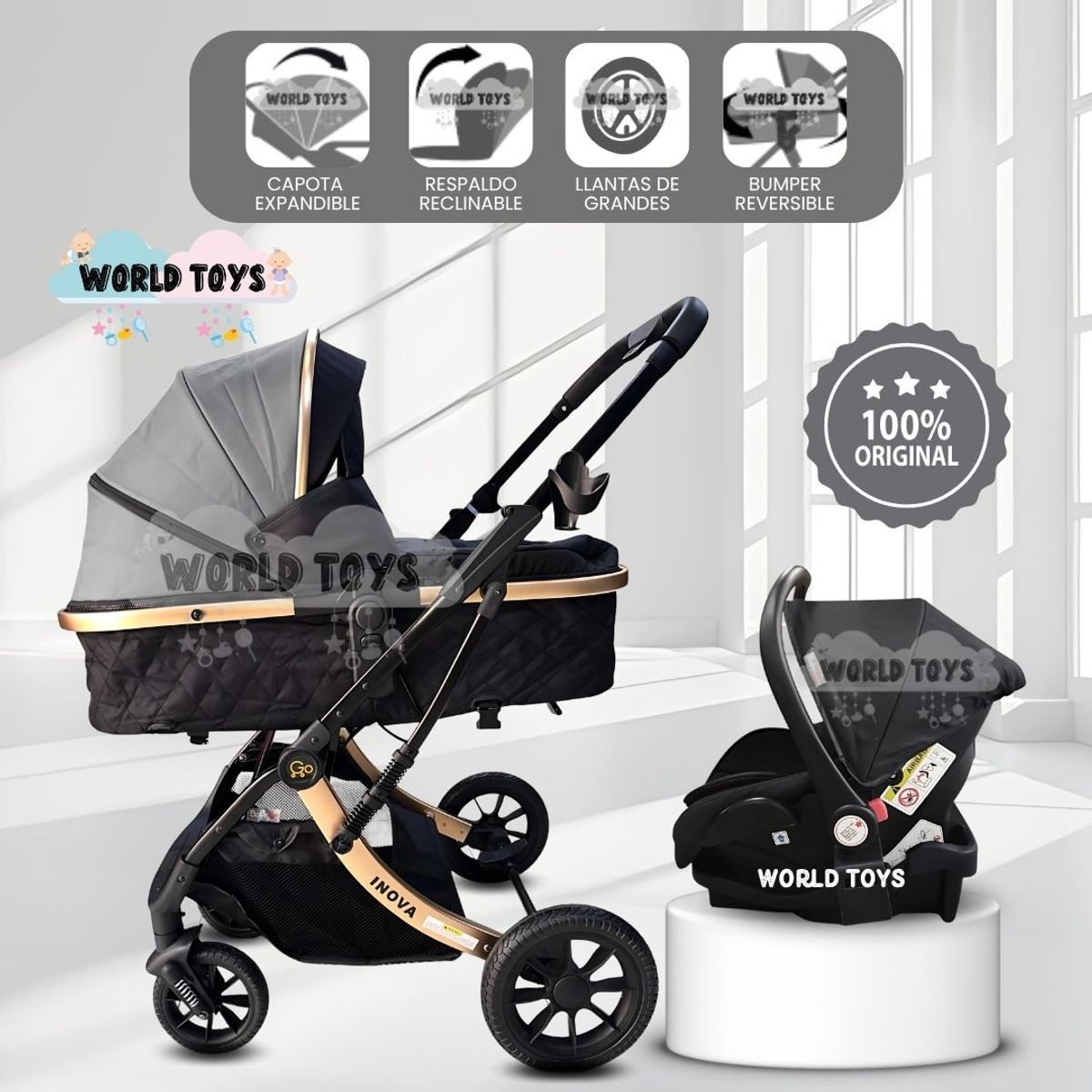 Baby - Coche Moisés Travel System «INOVA PRO» de Lujo Gray