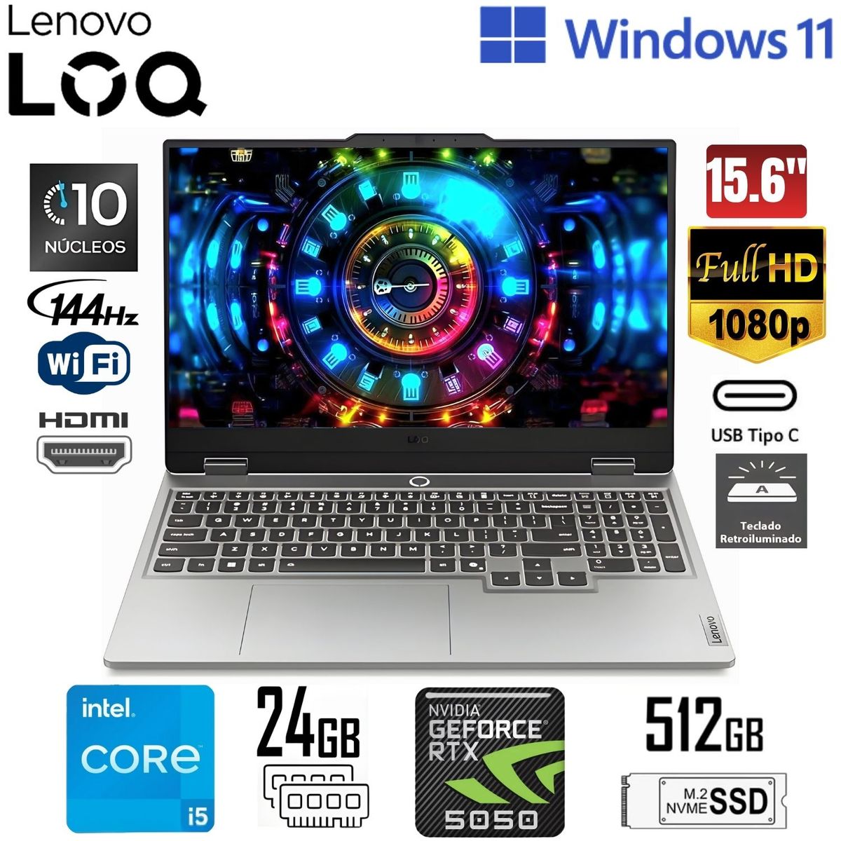 LENOVO - Laptop Lenovo LOQ 15IRX10 15.6" FHD Core i5-13450HX Ram 24GB SSD 512GB RTX 5050 Win 11 83JE001VLM